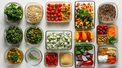 A healthy meal prep with various organic ingredients and containers.