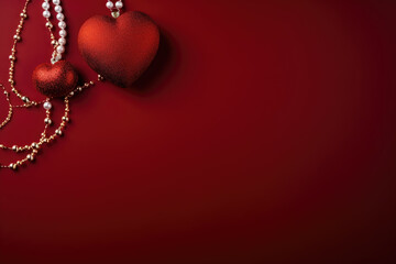 Valentine hanging on a red background, copy space. Heart-shaped pendant. Valentine's day background with red heart and golden bokeh. Love, Wedding, Romantic concept