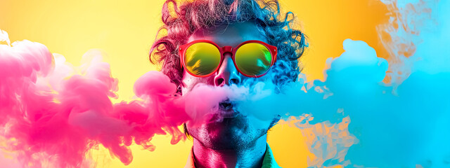 Fototapeta na wymiar person exhaling colorful smoke, with red sunglasses on, amidst a vibrant backdrop of yellow, pink, and blue hues, creating a surreal and psychedelic visual effect.