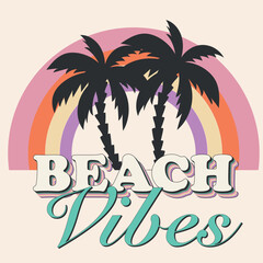 Summer vibes retro t shirt design. Summer design with rainbow and palm tree icon, perfect for tshirt design, sticker and beach house logo design - obrazy, fototapety, plakaty