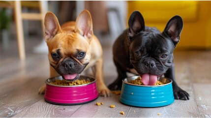 two happy dogs happily eat their food from colorful bowls