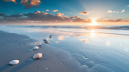 A serene beach scene with a trail of seashells leading towards the ocean reflecting the early morning light. - Powered by Adobe