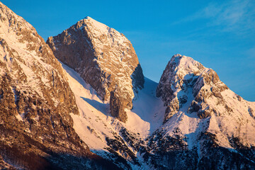 Mount Canin, Julian Alps, at sunset.
Warm light, planes, rocks and snow
