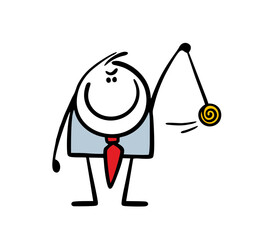 Cartoon businessman holds hypnosis tool in his hand. Vector illustration a competitor or boss suppresses the will of colleagues and subordinates. Isolated caricature character on white background.
