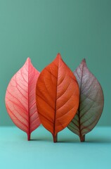 Fototapeta premium three wooden leaves are in front of a green background