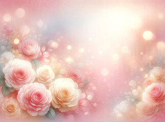 Fototapeta na wymiar Glowing Rose Blossoms on Warm Pink Bokeh Background. A cluster of glowing rose blossoms set against a warm pink bokeh background, creating a magical and romantic atmosphere.