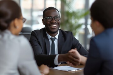 black financial advisor handshaking with his clients during meeting in office. - obrazy, fototapety, plakaty