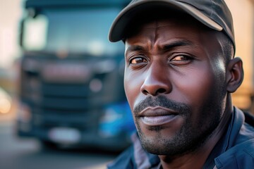 portrait black professional driver looking at camera. on the background of a truck, bokeh