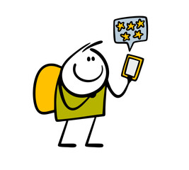 Traveler chooses hotel. Doodle vector illustration of cartoon stickman puts an estimate of popular place on tourist site on the Internet. Book a room, get five stars. Isolated on white background.