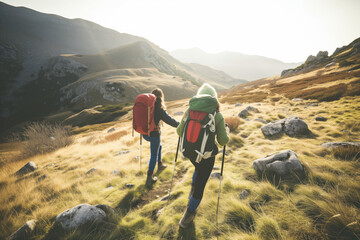 Obraz premium Adventure Travel: An adventurous couple hiking through breathtaking mountain landscapes, capturing the essence of wanderlust and exploration.