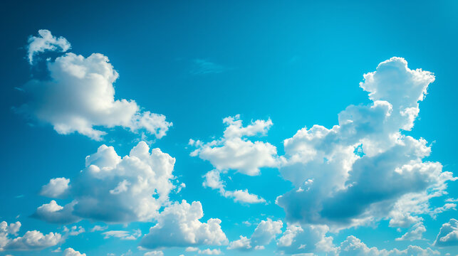 A simple background of a clear blue sky with a few fluffy white clouds giving a sense of calmness and serenity. © Lisa