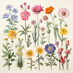 Botany. Set. Vintage flowers. Herbs and Wild Flowers. Colorful illustration in the style of engravings.