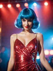A woman with blue hair and a red dress stands in front of a stage with red and blue lights.