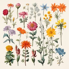 Botany. Set. Vintage flowers. Herbs and Wild Flowers. Colorful illustration in the style of engravings.