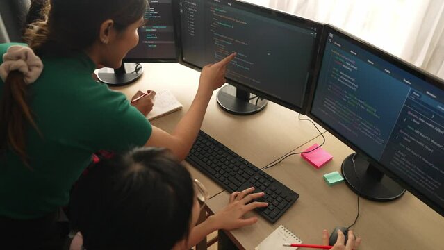 Back end software developer engineer for computer programming working together on debugging writing computing code, solving complex algorithms display on monitor in office. Burgeoning