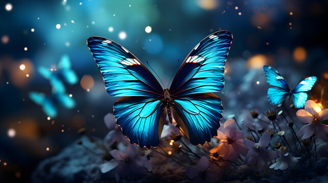 Bright blue butterfly in a blooming garden under sparkling bokeh light