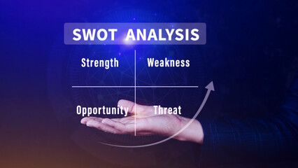 SWOT analysis concept, Businessman drawing swot analysis strategy diagram, Strength and weakness,...