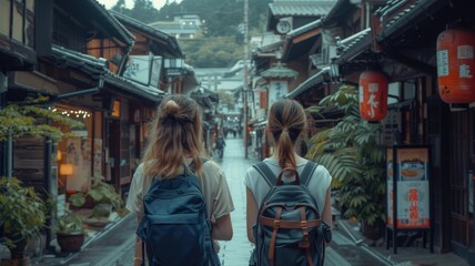 A young couple bearded international travel in Fuji japan landmark smiling and looking camera