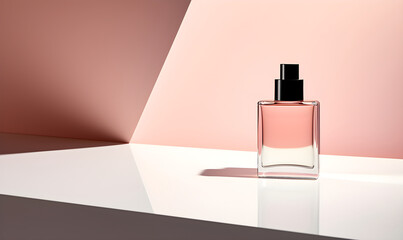 Glass bottle with a dark cap on a monochrome pink background with a play of light and shadow
