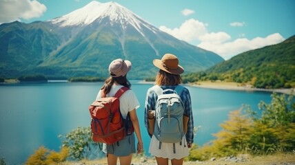 A young friend bearded international travel in Fuji japan landmark with lake