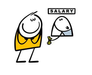 Satisfied worker or employee has come to receive salary. Cartoon vector illustration in window holds out cash. Earned money. Isolated caricature situation on white background.