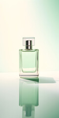 An elegant square perfume bottle reflected on a mirror surface on a light background gradating from green to white