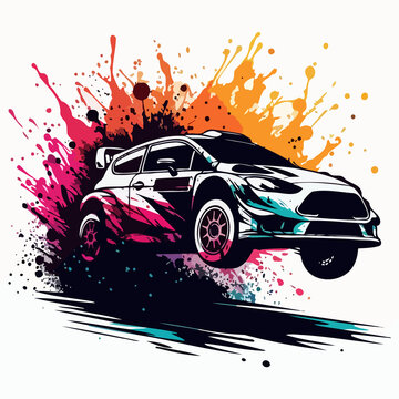 sports car with flames, rally cars perform jumps with paint splashes