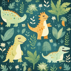 Obraz premium Seamless pattern with cute dinosaurs and green leaves for children print.