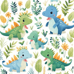 Seamless pattern with cute dinosaurs and green leaves for children print.