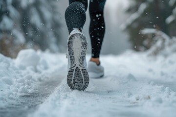 Winter jogging: close-up of running shoes in the snow - obrazy, fototapety, plakaty