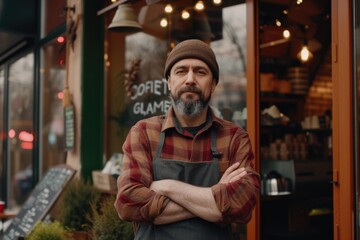 Portrait of a coffee shop owner standing at the entrance