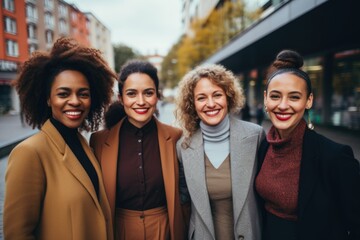 Group of diverse businesswomen smiling together outdoors