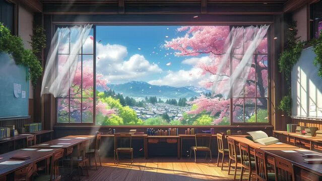 Classrooms with open windows and views of spring and cherry blossom trees. Seamless looping time-lapse virtual video animation background