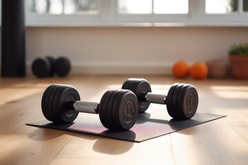 Pair of dumbbells on a mat in home gym - obrazy, fototapety, plakaty