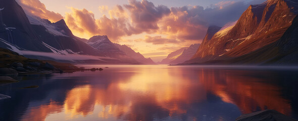 sun rising on the fjords - obrazy, fototapety, plakaty
