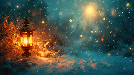 Winter Night Bathed in Moonlight with a Glowing Lantern Background 