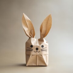 An indoor easter bunny made from a paper bag with a cute face drawn on it, symbolizing the joy and simplicity of celebrating the holiday at home with a beloved domestic rabbit