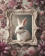 A vintage easter picture captures the domestic rabbit's peaceful reflection in a flower-adorned mirror frame, exuding warmth and charm