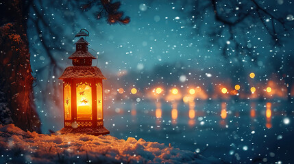 Winter Night Bathed in Moonlight with a Glowing Lantern Background 