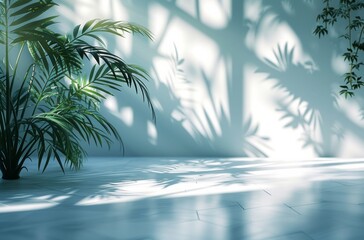 a background of a white room with a silhouette of a tropical tree