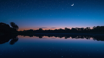 Fototapeta na wymiar A starry night sky over a peaceful lake reflecting the constellations and a crescent moon.