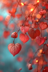 A vibrant reminder of love on valentine's day, as red leaves gracefully adorn a tree branch in the midst of autumn's bright pastel colors