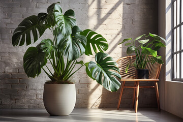Monstera with leaves in flowerpot, climbing plant. Monstera deliciosa or philodendron,  plant, nature and flora. Interior design - obrazy, fototapety, plakaty