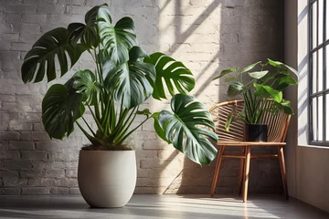 Foto op Canvas Monstera with leaves in flowerpot, climbing plant. Monstera deliciosa or philodendron,  plant, nature and flora. Interior design © artsterdam