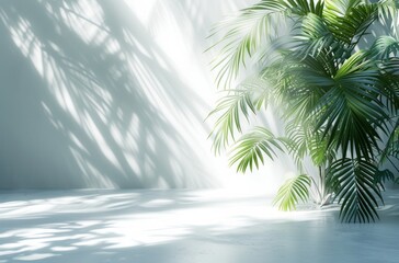 a background of a white room with a silhouette of a tropical tree