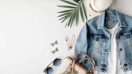 A stylish fashion flat lay featuring a trendy outfit with a denim jacket sunglasses a chic handbag and accessories laid out on a clean white surface.
