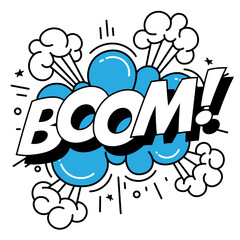 Explosive BOOM comic text in blue with cloud accents vector 10 eps