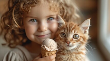  a little girl holding an ice cream cone with a cat on her lap looking at the camera with a smile on her face and a little girl's face holding an ice cream cone in her hand.