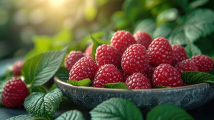  a bowl of raspberries on a table with green leaves and sunlight shining through the leaves on the other side of the bowl is a bowl of raspberries in the foreground.