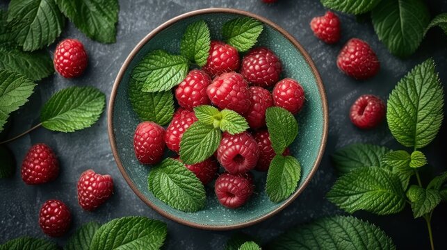  a bowl of raspberries and mint leaves on a dark surface with mint leaves and raspberries in the center of the bowl, on a dark background are raspberries and mint leaves.
